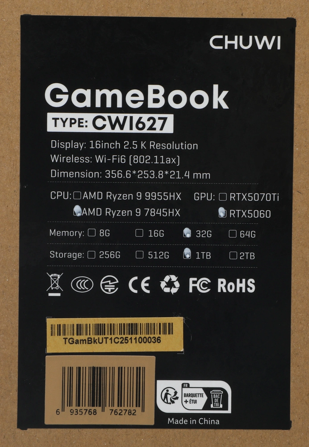 Ноутбук Chuwi GameBook Ryzen 9 7845HX 32Gb SSD1Tb NVIDIA GeForce RTX 5060 8Gb 16" IPS QHD (2560x1600) Windows 11 Pro grey WiFi BT Cam 4250mAh (CWI627-97321N1PRM6T)