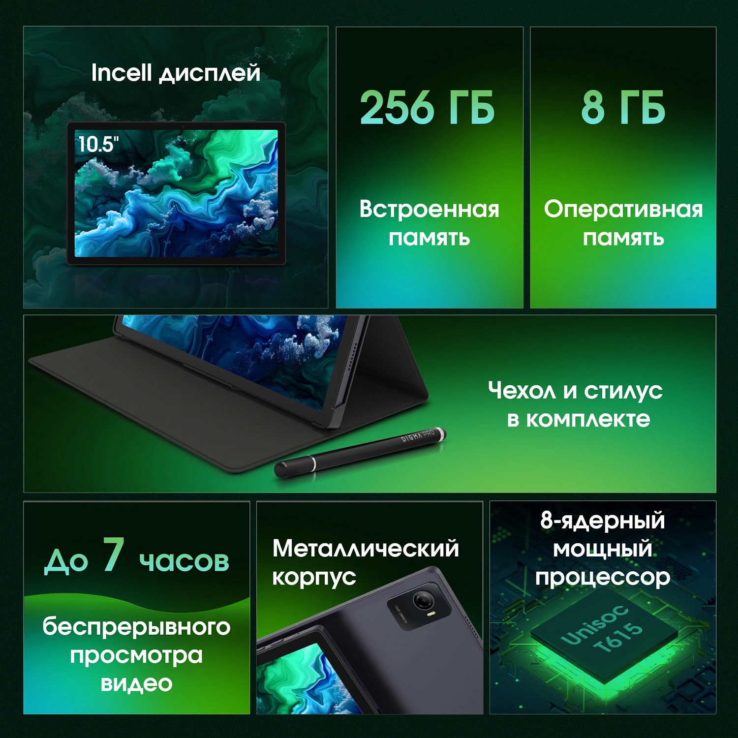 Планшет Digma Pro Wave T615 (1.8) 8C RAM8Gb ROM256Gb 10.5" In-Cell 1920x1200 4G Android 15 серый 13Mpix 5Mpix BT WiFi microSD 7000mAh