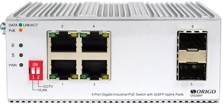 Коммутатор ORIGO Unmanaged Industrial Switch 4x1000Base-T PoE, 2x1000Base-X SFP, PoE Budget 60W, Surge 4KV, -40 to 75°C