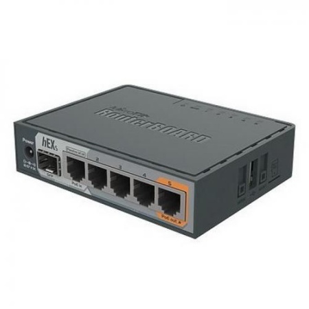 Маршрутизатор MikroTik hEX S with Dual Core 880MHz MHz CPU, 256MB RAM, 5 Gigabit LAN ports, SFP, USB, PoE-out on port #5, RouterOS L4, plastic case, PSU