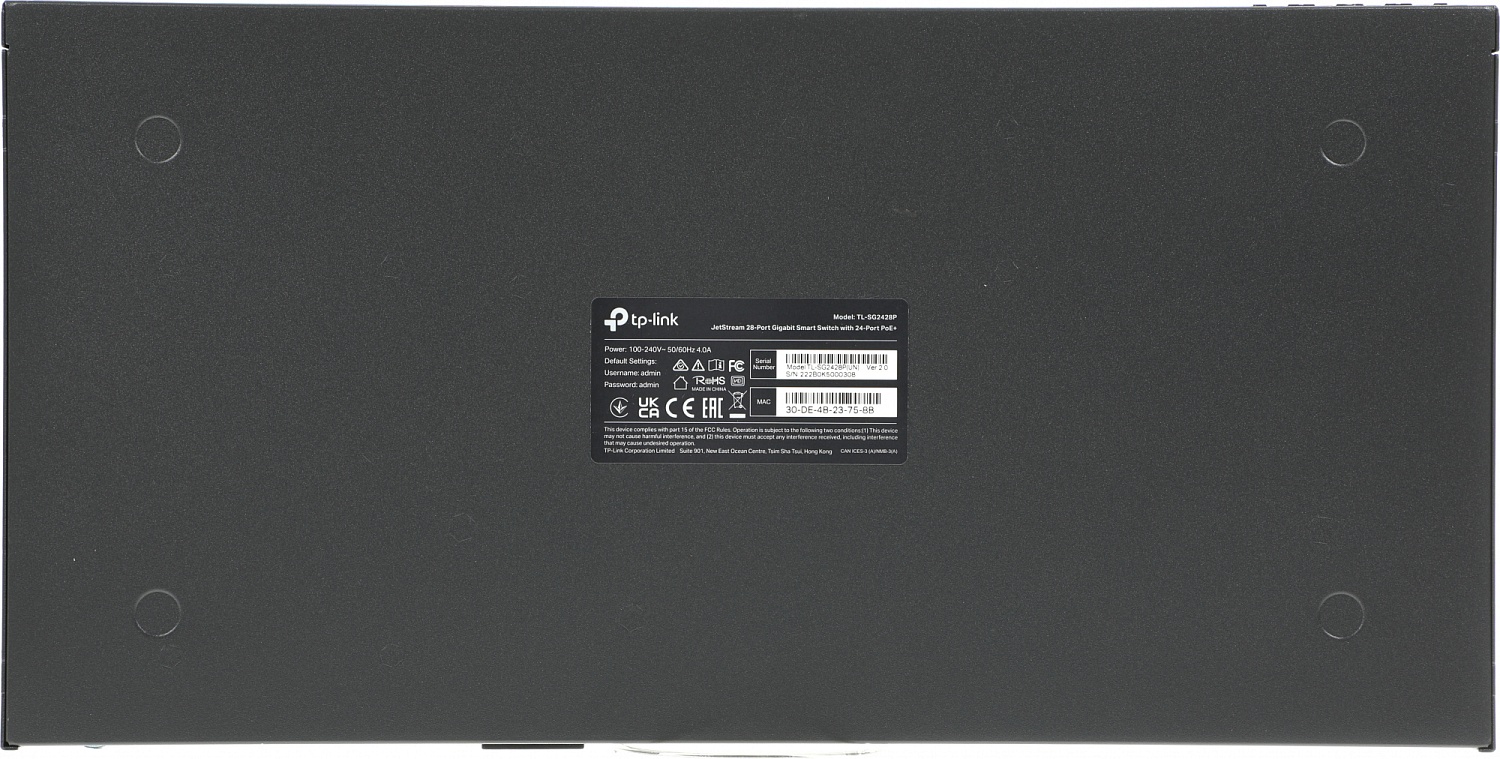 Сетевое оборудование TP-Link TL-SG2428P, JetStream™ 28-портовый гигабитный Smart коммутатор с 24 портами PoE+, 24 гигабитных порта PoE+, 4 гигабитных SFP-слота, 802.3at/af, бюджет PoE — 250 Вт, стальной корпус 1U 19"