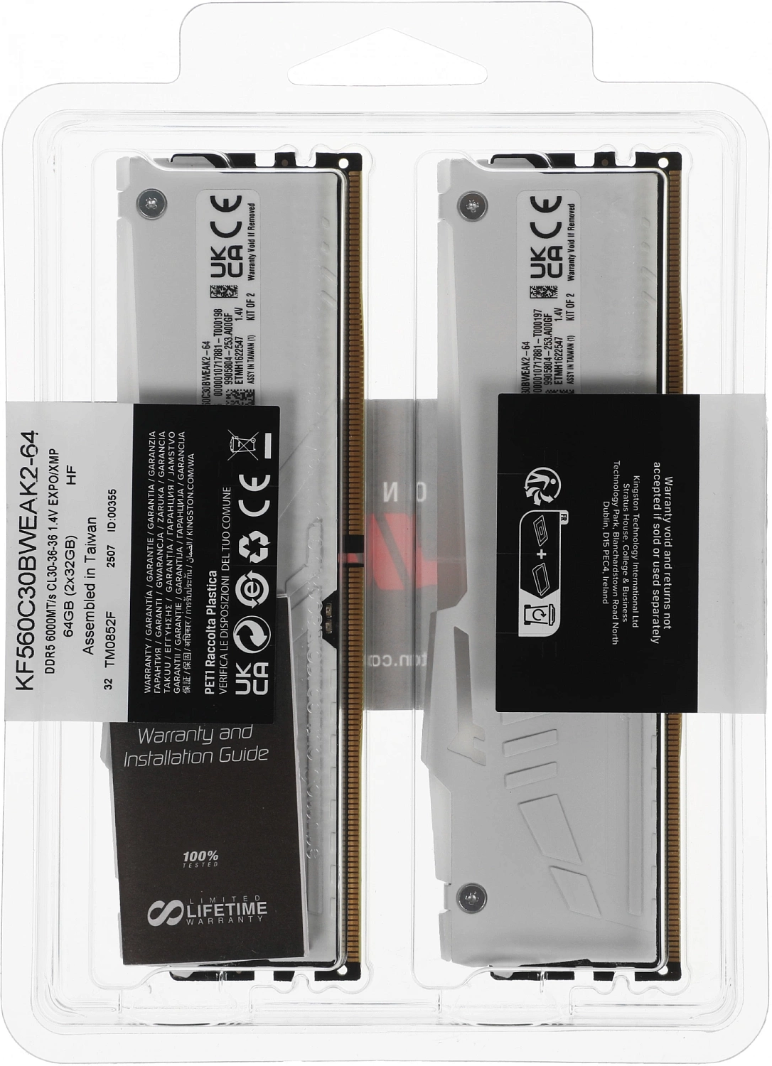Комплект модулей памяти Kingston 64GB DDR5 6000 DIMM CL30 FURY Beast White RGB EXPO Non-ECC Unbuffered DIMM (Kit of 2) 2RX8 30-36-36 1.4V 288-pin 16Gbit