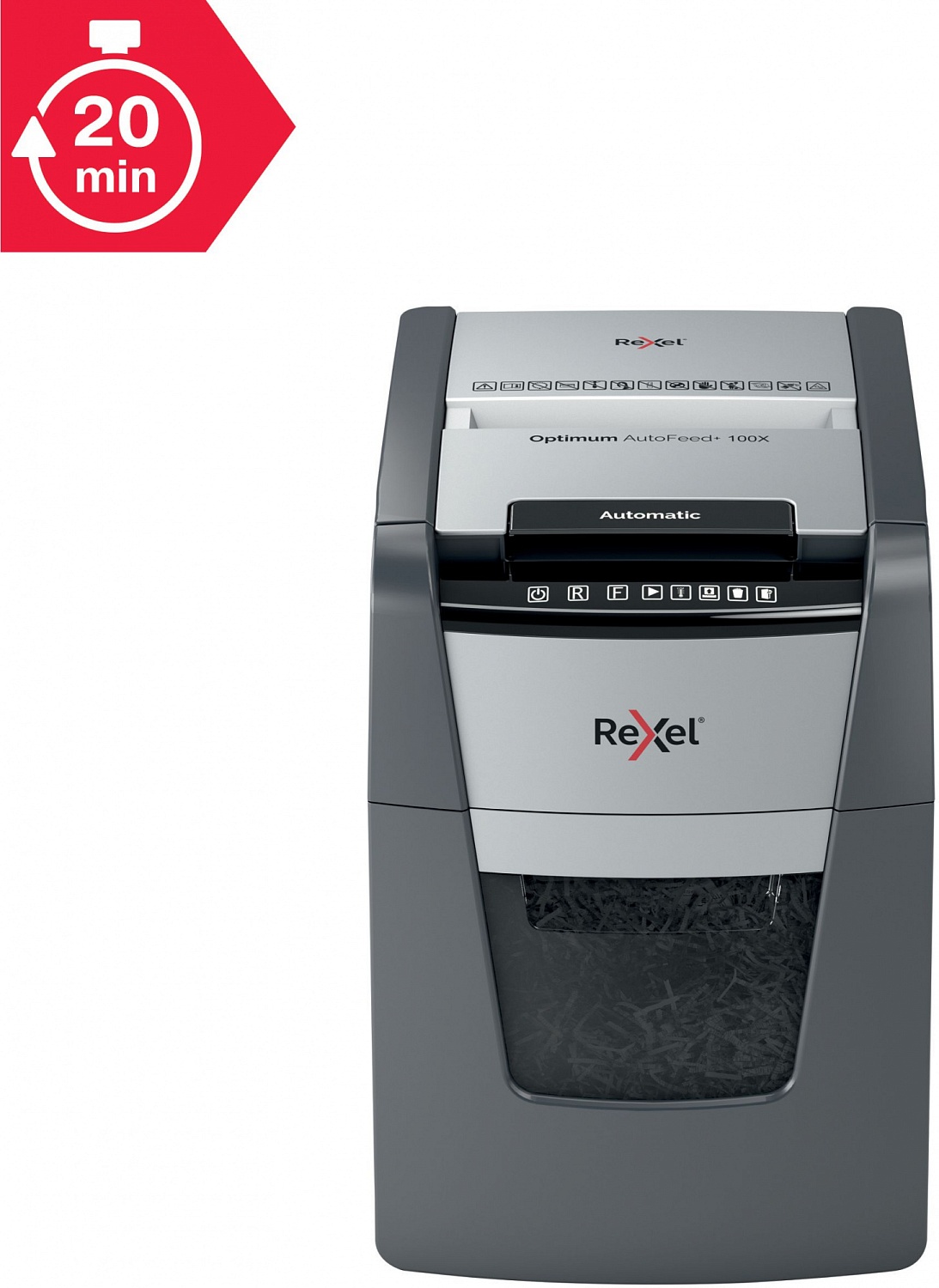 Шредер Rexel Optimum AutoFeed 100X черный с автоподачей (секр.P-4) фрагменты 100лист. 34лтр. скрепки скобы пл.карты