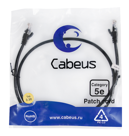 Патч-корд Cabeus PC-UTP-RJ45-Cat.5e-1m-BK Патч-корд U/UTP, категория 5е, 2xRJ45/8p8c, неэкранированный, черный, PVC, 1м