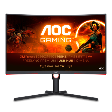 Монитор AOC 31.5" Gaming CQ32G3SU черный/красный VA LED 1ms 16:9 HDMI M/M матовая HAS Piv 300cd 178гр/178гр 2560x1440 165Hz FreeSync Premium DP 2K USB 8.15кг