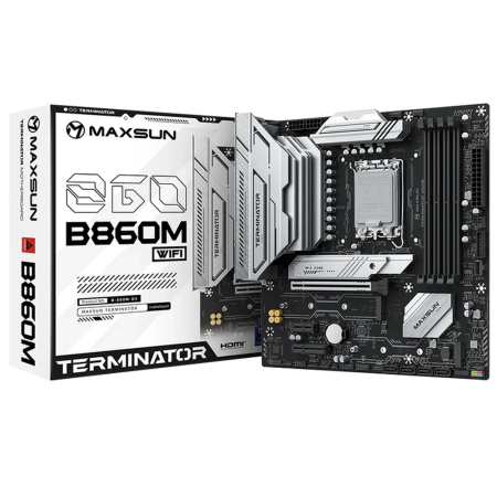 Материнская плата Maxsun MS-Terminator B860M WIFI B860, LGA1851, 4*DDR5, 1*PCIEx16, 1*PCIEx4, 1*PCIEx1, 3*M.2, 1*TypeC, 2*USB3.2Gen2, 2*USB3.2Gen1, 10*USB2.0, 4*SATA3.0, 2.5G, Type-C(DP), DP, HDMI, M-ATX, RTL