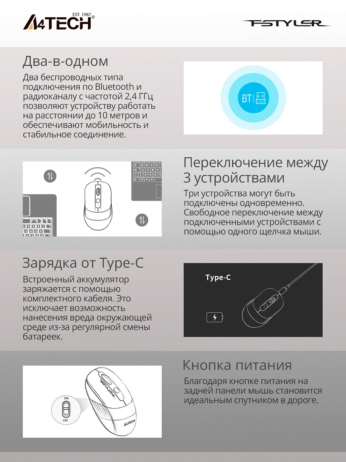 Мышь A4Tech Fstyler FB10C черный/синий оптическая (2400dpi) беспроводная BT/Radio USB (4but) Мышь A4Tech Fstyler FB10C черный/синий оптическая (2400dpi) беспроводная BT/Radio USB (4but)