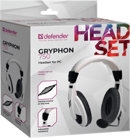 Наушники с микрофоном Defender Gryphon HN-750 белый/черный 2м накладные оголовье (63747)
