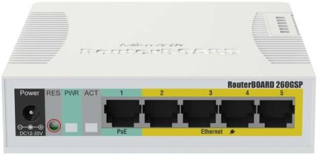 Коммутатор MikroTik RB260GSP with 5 Gigabit ports and SFP cage, SwOS, plastic case, PSU, POE-OUT