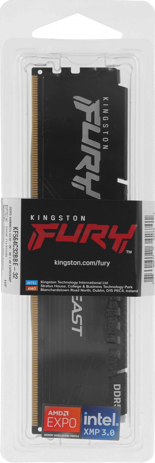 Модуль памяти Kingston 32GB DDR5 6400 CL32 FURY Beast Black EXPO Non-ECC Unbuffered DIMM 2RX8 32-39-39 1.4V 288-pin 16Gbit