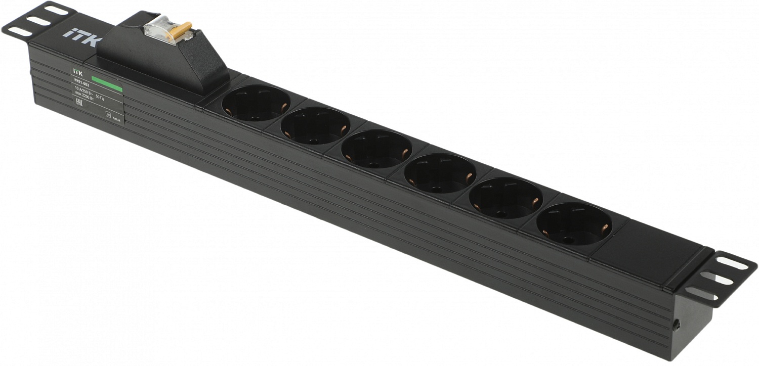 ITK PDU 6 розеток DIN49440 (нем.станд.), с автоматом 10А, 1U, без шнура, вх.IEX320 C14, алюминиевый профиль, черный ITK PDU 6 розеток DIN49440 (нем.станд.), с автоматом 10А, 1U, без шнура, вх.IEX320 C14, алюминиевый профиль, черный