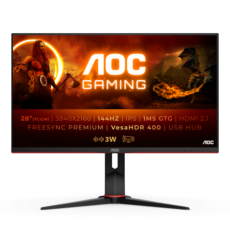 Монитор LCD 28'' [16:9] 3840x2160(UHD 4K) IPS, nonGLARE, 144 Hz, 370cd/m2, H178°/V178°, 1000:1, 80M:1, 16.7M, 1ms, 2xHDMI, 2xDP, USB-Hub, Height adj, Pivot, Tilt, Swivel, Speakers, 3Y, Black