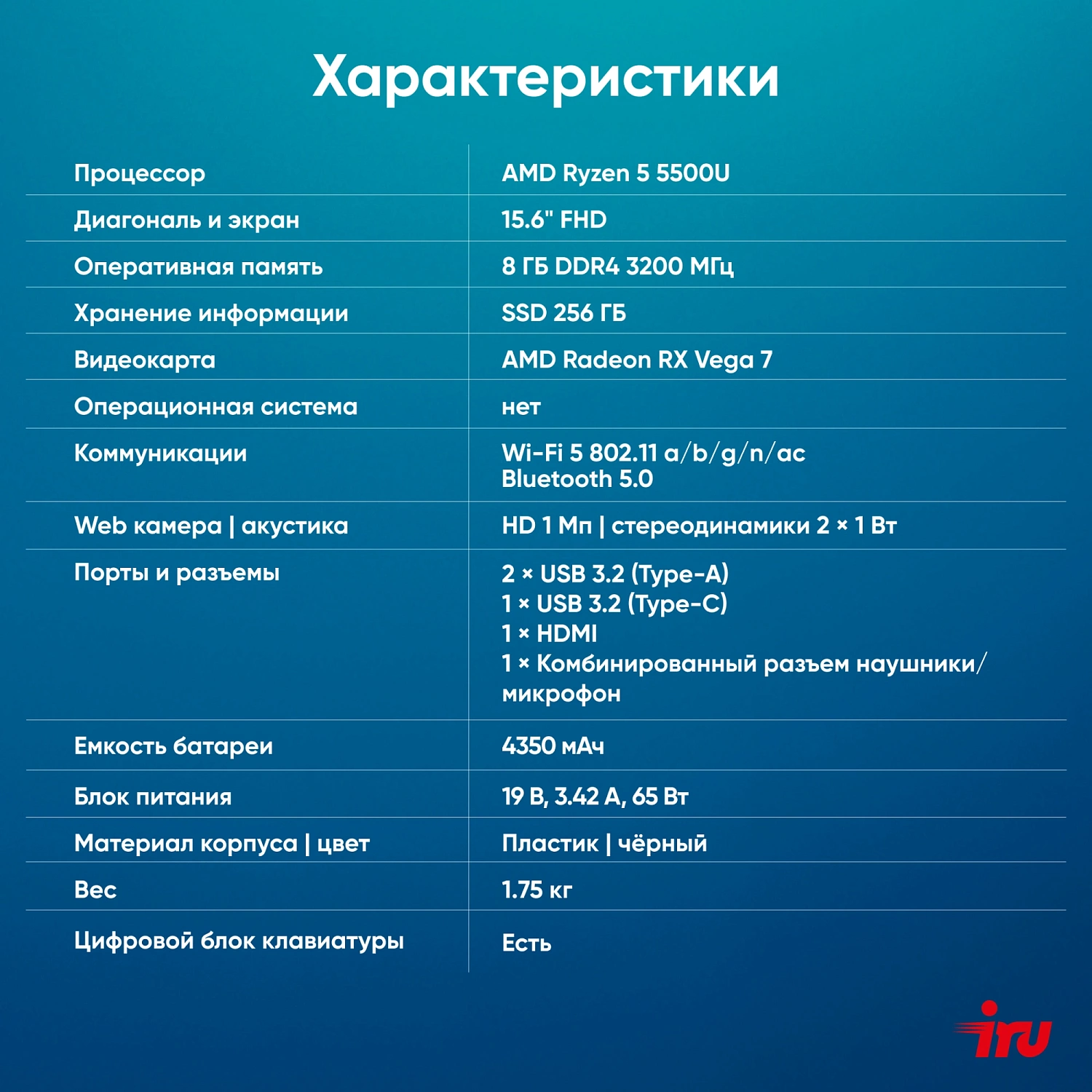 Ноутбук IRU Калибр 15PH Ryzen 5 5500U 8Gb SSD256Gb AMD Radeon Rx Vega 7 15.6" IPS FHD (1920x1080) noOS black WiFi BT Cam (2054000)