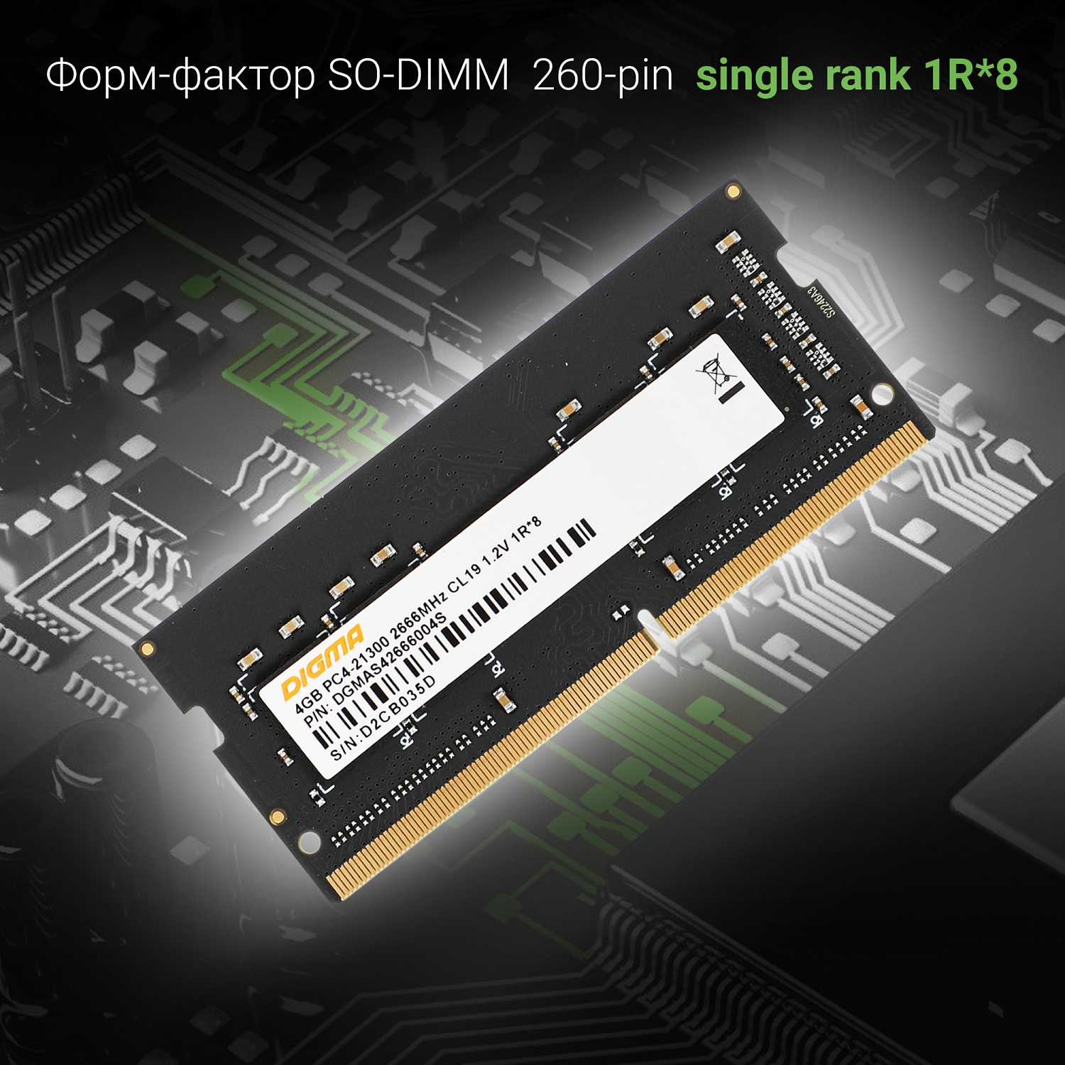 Память DDR4 4Gb 2666MHz Digma DGMAS42666004S RTL PC4-21300 CL19 SO-DIMM 260-pin 1.2В single rank Ret Память DDR4 4Gb 2666MHz Digma DGMAS42666004S RTL PC4-21300 CL19 SO-DIMM 260-pin 1.2В single rank Ret