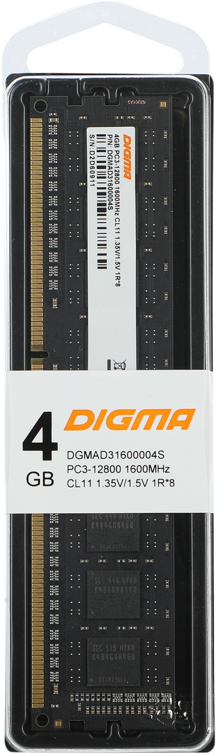 Память DDR3L 4Gb 1600MHz Digma DGMAD31600004S RTL PC3-12800 CL11 DIMM 240-pin 1.35В single rank Ret Память DDR3L 4Gb 1600MHz Digma DGMAD31600004S RTL PC3-12800 CL11 DIMM 240-pin 1.35В single rank Ret