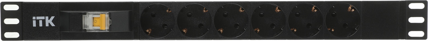ITK PDU 6 розеток DIN49440 (нем.станд.), с автоматом 10А, 1U, без шнура, вх.IEX320 C14, алюминиевый профиль, черный ITK PDU 6 розеток DIN49440 (нем.станд.), с автоматом 10А, 1U, без шнура, вх.IEX320 C14, алюминиевый профиль, черный