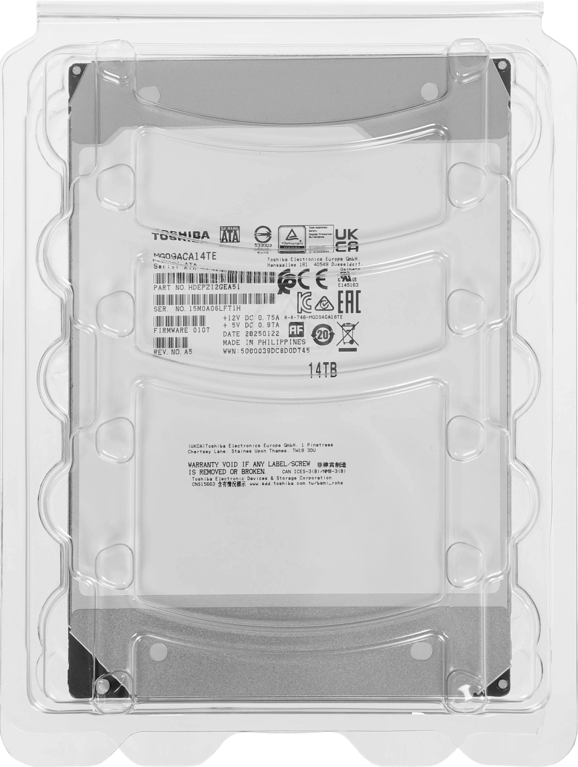 Жесткий диск серверный 3.5" 14TB Toshiba MG09 Series SATA 6Gb/s, 7200rpm, 512MB, 512e/4Kn, CMR, Helium, Bulk