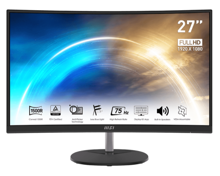 Монитор MSI PRO MP271CA 27" 16:9 FHD(1920x1080 ) VA Curve 1500R,1ms(MPRT),3000:1,100M:1,250nit,178/178,HDMI 1.4,DP 1.2,Tilt,VESA,75Hz,Black,1y war-ty