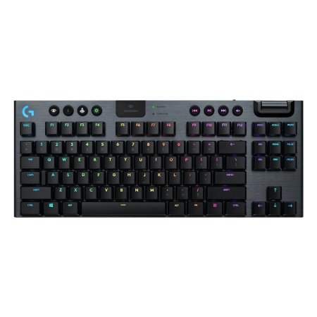 Клавиатура игровая Logitech G915 TKL черная, беспроводная, механическая (GL Clicky), тонкий корпус, 95 клавиш (8 дополнительных), без цифрового блока, колесо прокрутки, RGB-подсветка, подключение USB или Bluetooth, кабель 1,8м