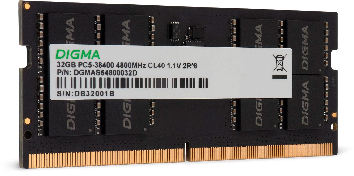 Память DDR5 32GB 4800MHz Digma DGMAS54800032D RTL PC5-38400 CL40 SO-DIMM 262-pin 1.1В dual rank Ret