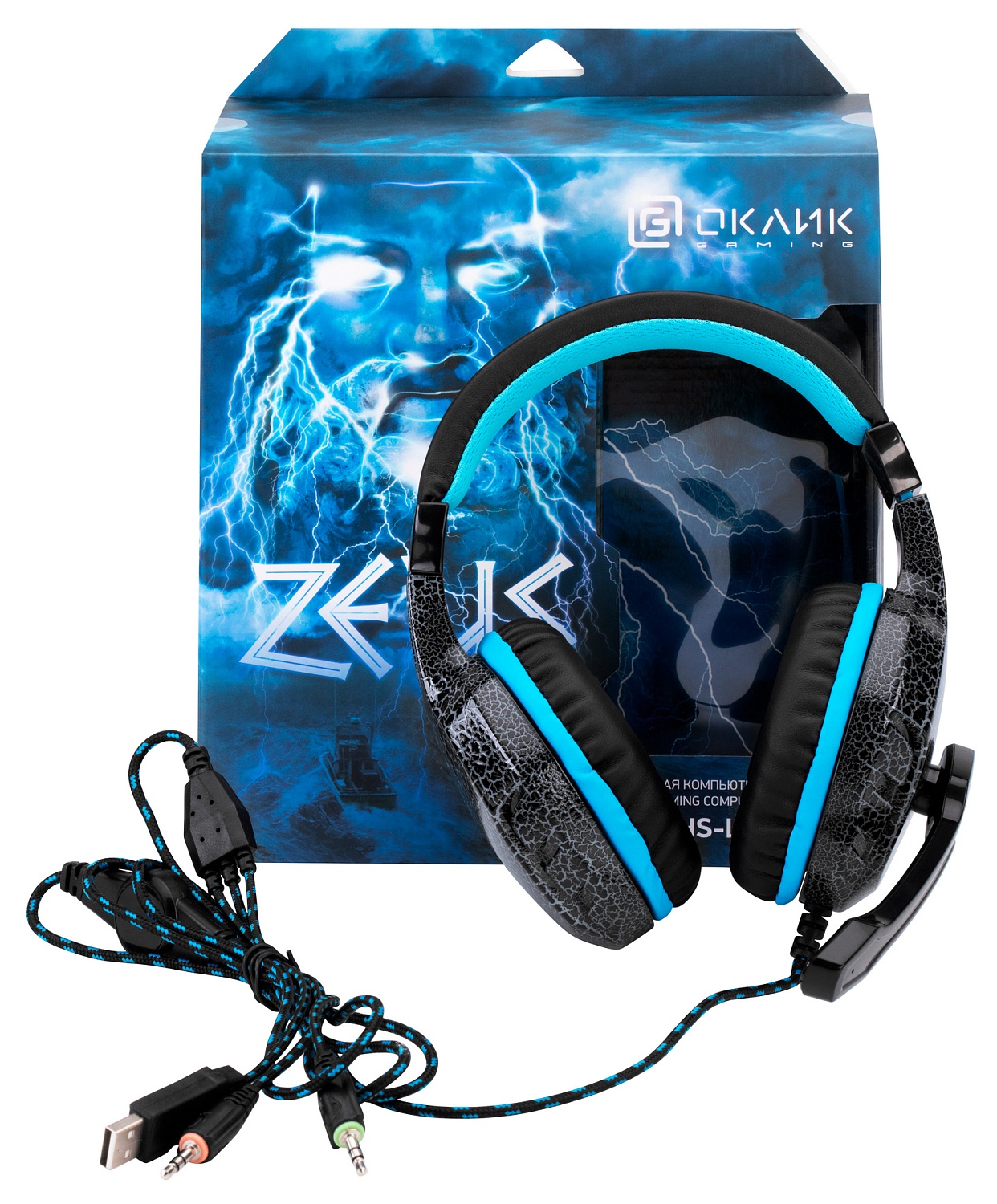 Наушники с микрофоном Оклик HS-L400G ZEUS черный/синий 2.2м мониторные оголовье (359480)