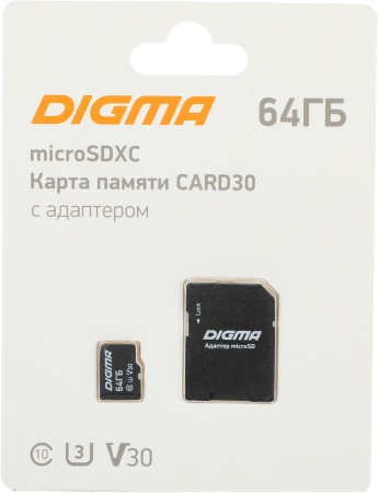 Флеш карта microSDXC Digma 64GB CARD30 V30 + adapter