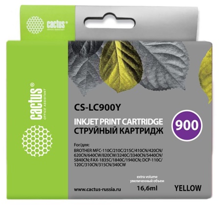 Картридж струйный Cactus CS-LC900Y желтый (16.6мл) для Brother DCP-110/115/120/MFC-210/215/FAX-1840